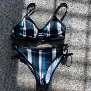 Cupshe Black and Blue Striped Bikini Set